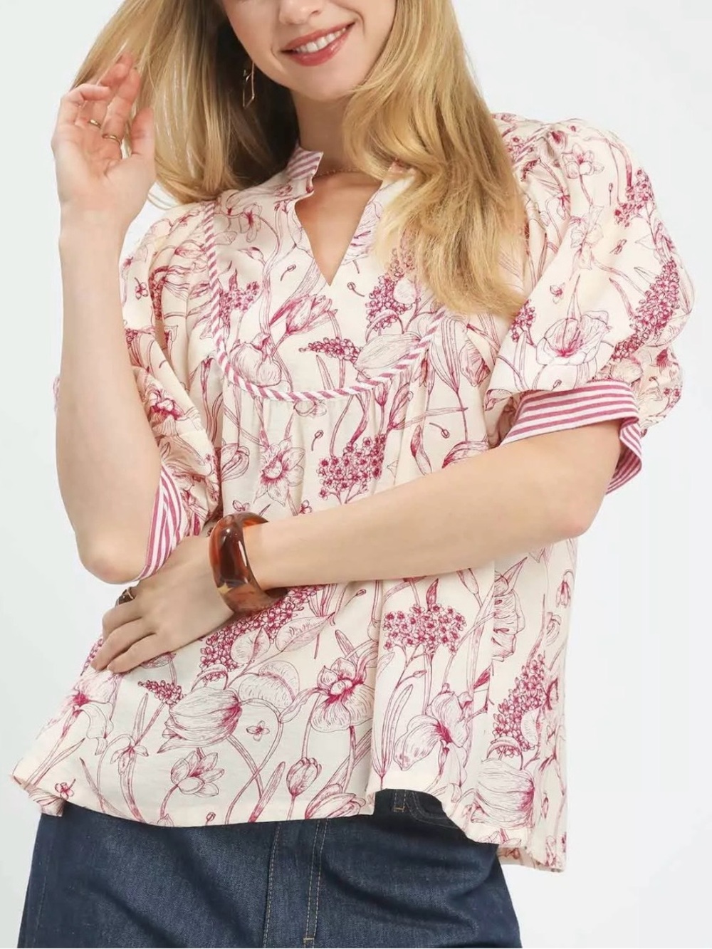 Umgee Cream Top with Red Floral Print and Puff Sleeves